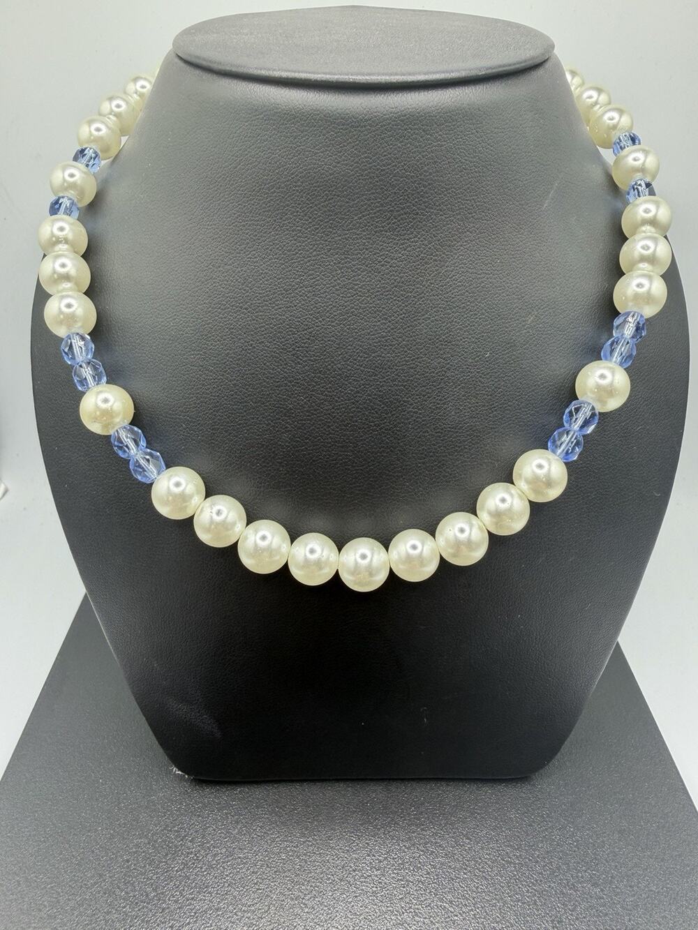 Karla Jordan Glass Faux Pearl Blue Faceted Bead Necklace Signed 40g
